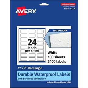 Avery Durable Waterproof Rectangle Labels with Sure Feed, 1" x 2", 240 Oil and Tear-Resistant Waterproof Labels, Print-to-The-Edge, Laser/Pigment-Based Inkjet Printable Labels