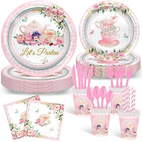 Avezano 192 Pcs Tea Party Decorations Tea Party Plates and Napkins Sets Floral Lets Partea Tableware Tea Party Supplies for Baby Shower Bridal Shower Wedding Birthday Decor Serves 24 Guests