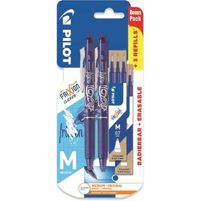 Pilot Frixion Clicker - Retractable Erasable Gel Ink Pens - Blue Ink - Medium 0.7mm Nib - Blister Pack of 2 + 6 Bonus Refills