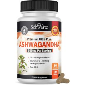 Ashwagandha Supplements - Extra Strength Ashwagandha Capsules with 500mg 20 to 1 Root Extract Equivalent to 10,000mg Ashwaganda Powder - Stress Relief Supplement - Vegan Safe, Non-GMO, 60 Servings