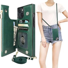 Bocasal Crossbody Wallet Case for iPhone 14 Plus with RFID Blocking Card Slot Holder, Magnetic Flip Folio Purse Case, PU Leather Zipper Handbag with Detachable Lanyard Strap 6.7 Inch 5G (Green)