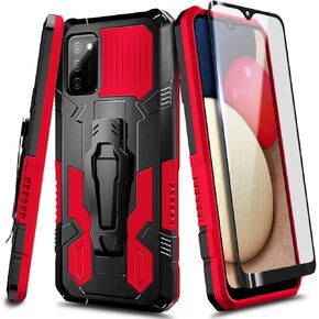 NZND Case for Samsung Galaxy A02S with Tempered Glass Screen Protector (Full Coverage), Belt Clip, Built-in Kickstand, Dual Layer Full Body Shockproof Protective Rugged Defender Case (Blue)