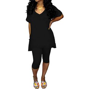 Ophestin Womens Casual Solid 2 Piece Outfits Jumpsuits V Neck T Shirt Top Bodycon Fifth Capri Pants Set