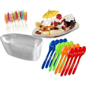 Outside the Box Papers Clear Plastic Banana Split Boats 12 oz.Disposable Dish - Paper Umbrellas - Eco Friendly Plastic Spoons- 16 Each