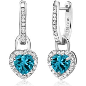 Gem Stone King 925 Sterling Silver Heart Gemstone Birthstone and White Created Sapphire Earrings | Heart Shape 6MM | Drop Dangle Earrings for Women
