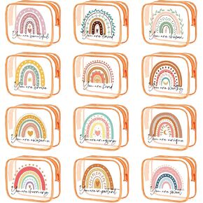 Hillban 12 Pcs Rainbow Clear Toiletry Bag PVC Toiletry Bag for Women Waterproof Heart Makeup Bag Boho Cosmetic Inspirational Clear Zipper Travel Pouch Organizer Employee Appreciation Day Gift(Black)