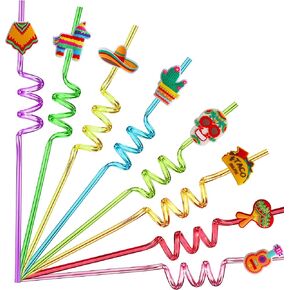 24 Mexican Fiesta Party Favors, Drinking Straws for Mexican Party Favors, Cinco De Mayo Party Favors for Kids, Taco Party Supplies with 2 Cleaning Brush