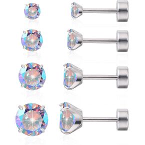 Limerencia F136 Titanium Hypoallergenic Cubic Zirconia Studs Set,CZ | Pearl | Opal Flat Back Cartilage Earrings Helix Piercing Jewelry Pack of 4 Pairs 3-6mm for Women