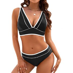 V Neck Bikini Sets for Women Color Block Two Piece Swimsuits Sexy Triangle Bikini Cheeky Push Up Bathing Suit