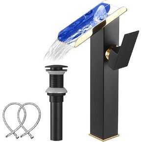 Black Vessel Faucet Bathroom Waterfall Open Spout Led Color Changing by Temperature Basin Faucet for Bowl Sink Right Handle 1 Hole without Overflow Pop Up Drain Supply Hose Vanity Bath Tap Deck Mount