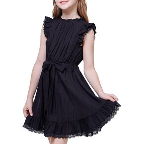 WULFUL Girls Summer Dress Sleeveless Ruffle Trim A-line Swing Dress Casual Party 5-14 Years