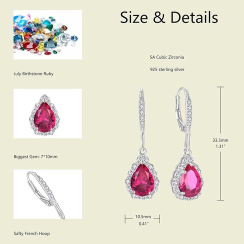 Women Earrings 925 Sterling Silver Birthstone Halo Teardrop Drop & Dangle Earrings Leverback Earrings with 7*10mm 5A Cubic Zirconia Jewelry Gift for Mother Grandma Daughter Grandaughter friend in Kuwait