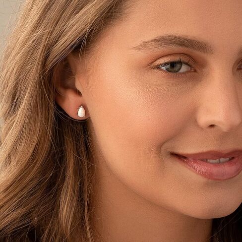 Peora Created White Opal Stud Earrings in Sterling Silver, Solitaire Teardrop Pear Shape, 8x5mm, 1.50 Carats total, Scroll Design, Friction Backs in Saudi Arabia