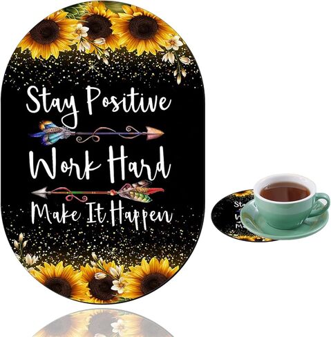 Personalized Gaming Mouse Pad and Coaster Combination, Rose Gold Glitter Black Be Happy Design Non-Slip Rubber Base Mouse Pad, Home Desk Decor, Custom Work and Gaming Mouse Pad in Kuwait