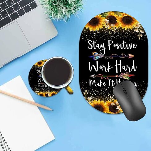 Personalized Gaming Mouse Pad and Coaster Combination, Rose Gold Glitter Black Be Happy Design Non-Slip Rubber Base Mouse Pad, Home Desk Decor, Custom Work and Gaming Mouse Pad in Kuwait