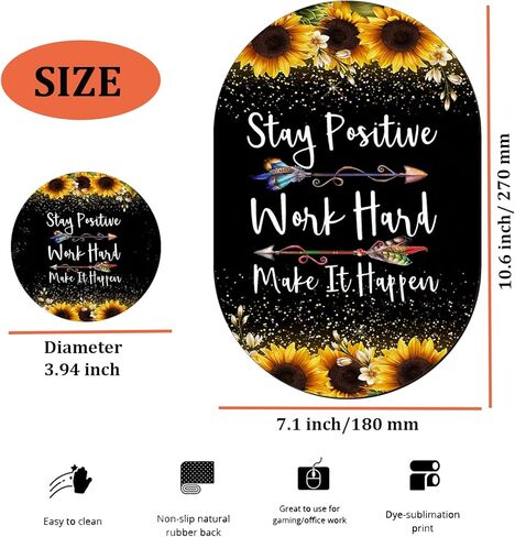 Personalized Gaming Mouse Pad and Coaster Combination, Rose Gold Glitter Black Be Happy Design Non-Slip Rubber Base Mouse Pad, Home Desk Decor, Custom Work and Gaming Mouse Pad in Kuwait