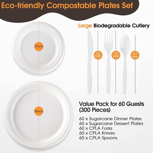 FOCUSLINE 150 Count Compostable Paper Plates and Utensils 30 Guest, Heavy-Duty Disposable Bagasse Plates Eco-Friendly Biodegradable Cutlery, Natural Eco-friendly Compostable Dinnerware in Saudi Arabia