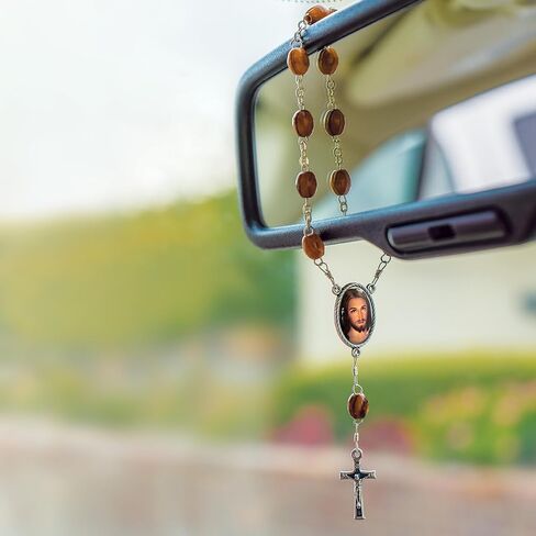 Olive Wood Car Rosary For Rearview Mirror From The Holy Land Of Bethlehem - Auto Rosary With Virgin Mary of Jerusalem Byzantine Medal & Crucifix Cross Charm - 7" Pocket Rosary Beads For Hanging in Kuwait