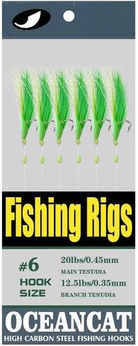 OCEAN CAT Fishing Rigs Saltwater Bait, Feather & Fish Skin 6 String Hooks Fishing Lure Tackle,Red/Green 10 Packs in Kuwait