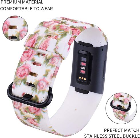 Compatible with Fitbit Charge 3/Charge 4 Strap Bands,Unique Elegant Floral Pattern Printed Soft Silicone Sport Adjustable Replacement Bracelet for Fitbit Charge 3/Charge 4 in Saudi Arabia