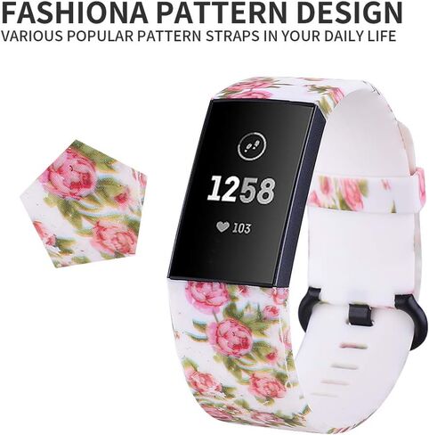 Compatible with Fitbit Charge 3/Charge 4 Strap Bands,Unique Elegant Floral Pattern Printed Soft Silicone Sport Adjustable Replacement Bracelet for Fitbit Charge 3/Charge 4 in Saudi Arabia