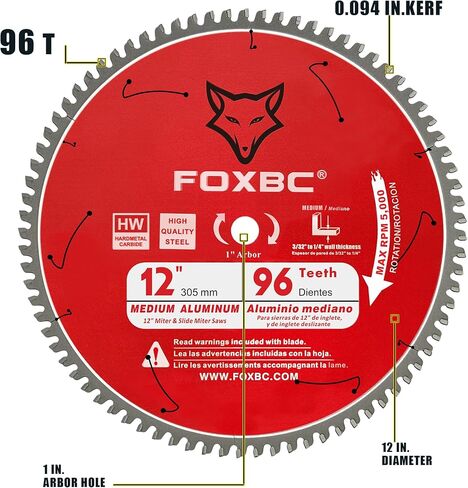 FOXBC 12 Inch Miter Aluminum Saw Blade 96-Tooth TCG for Non-Ferrous Metal & Plastic Cutting with 1-Inch Arbor in Saudi Arabia
