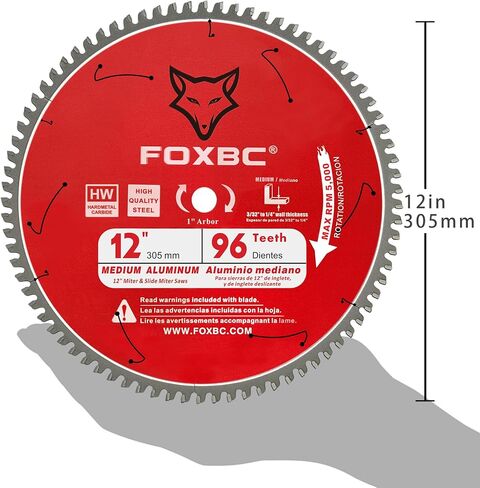 FOXBC 12 Inch Miter Aluminum Saw Blade 96-Tooth TCG for Non-Ferrous Metal & Plastic Cutting with 1-Inch Arbor in Saudi Arabia