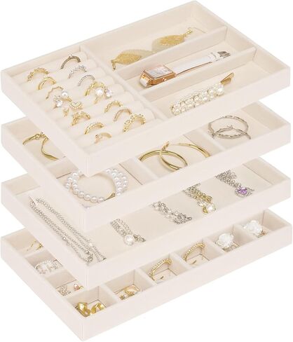 Jewelry Trays Organizer for Drawer, 4 Set of Jewelry Organizers and Display Case Storage, Stackable Velvet Drawer Inserts Organizer for Necklace Bracelets Earrings Organizer, Gift For Her,Beige in Saudi Arabia