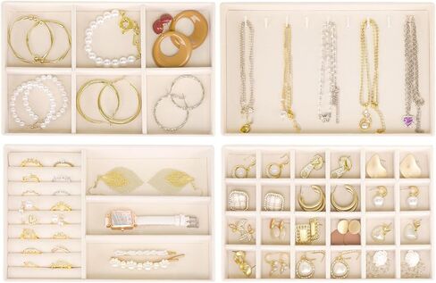 Jewelry Trays Organizer for Drawer, 4 Set of Jewelry Organizers and Display Case Storage, Stackable Velvet Drawer Inserts Organizer for Necklace Bracelets Earrings Organizer, Gift For Her,Beige in Saudi Arabia