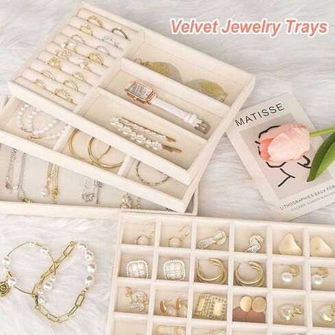 Jewelry Trays Organizer for Drawer, 4 Set of Jewelry Organizers and Display Case Storage, Stackable Velvet Drawer Inserts Organizer for Necklace Bracelets Earrings Organizer, Gift For Her,Beige in Saudi Arabia
