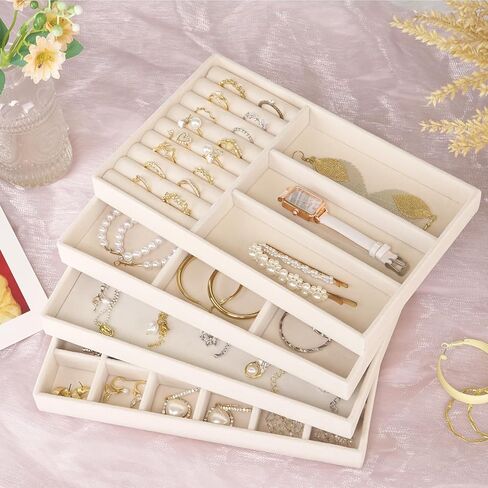 Jewelry Trays Organizer for Drawer, 4 Set of Jewelry Organizers and Display Case Storage, Stackable Velvet Drawer Inserts Organizer for Necklace Bracelets Earrings Organizer, Gift For Her,Beige in Saudi Arabia