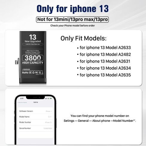 بطارية بديلة عالية السعة 3800 مللي أمبير في الساعة لهاتف iPhone 13، ترقية البطارية البديلة مع مجموعة أدوات بديلة احترافية لهاتف iPhone 13 (A2635 A2634 A2633 A2631 A2482) in Kuwait