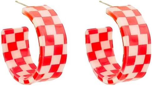 Checkered Big Grid C Shape Hoop Earrings Colorful Chunky Shape Trendy Earrings Cute Candy Acrylic Resin Earrings Jewelry for Women in Saudi Arabia