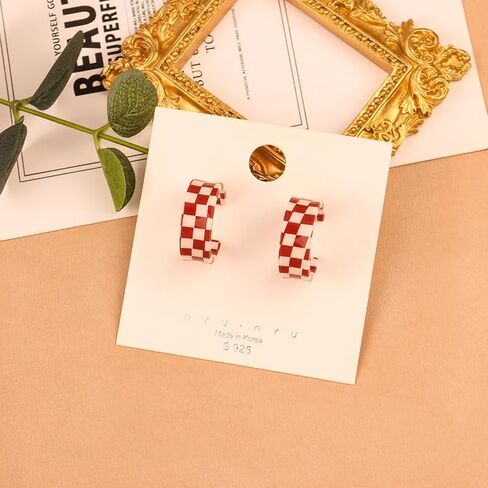 Checkered Big Grid C Shape Hoop Earrings Colorful Chunky Shape Trendy Earrings Cute Candy Acrylic Resin Earrings Jewelry for Women in Saudi Arabia