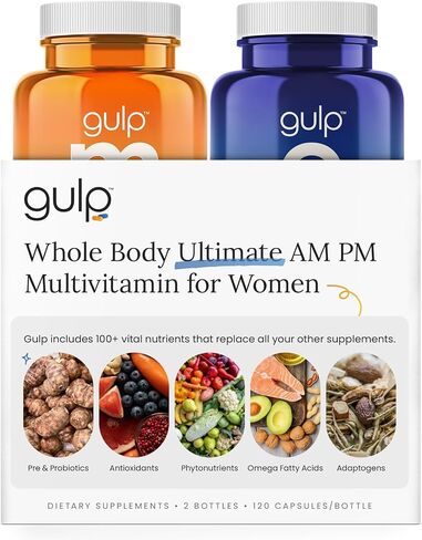 Gulp Ultimate Multivitamin for Women - AM PM Supplements for Natural Energy, Immunity, Gut Health & Sleep | Probiotics, Vitamin D, Biotin, B12, Mushrooms, Omega 3 & More | 30 Servings in Saudi Arabia