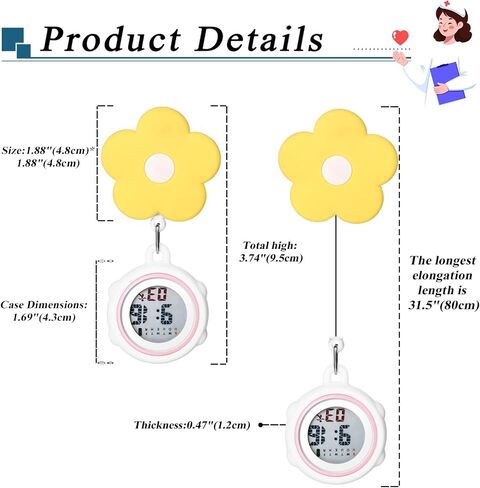 ساعات رقمية للممرضات قابلة للسحب من Avaner: ساعات طية صدر السترة بنمط زهرة لطيفة للتعليق للممرضات والأطباء مع غطاء من السيليكون in Kuwait