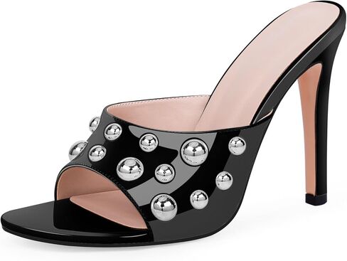 Women's Comfortable Patent Leather Rivet Stiletto High Heel Sandals Casual Slip-on Open Toe Party Dress Heels in Saudi Arabia