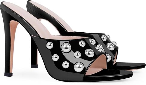 Women's Comfortable Patent Leather Rivet Stiletto High Heel Sandals Casual Slip-on Open Toe Party Dress Heels in Saudi Arabia