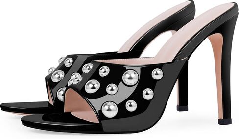 Women's Comfortable Patent Leather Rivet Stiletto High Heel Sandals Casual Slip-on Open Toe Party Dress Heels in Saudi Arabia
