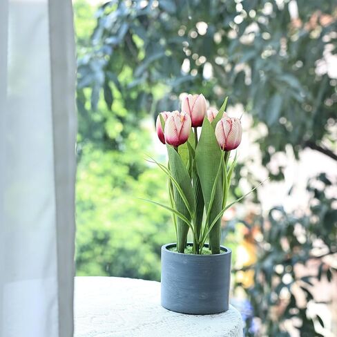 Jusdreen 1 Pot Artificial Potted Tulips Flowers with Cement Vase Vivid Tulip Flowers Arrangement for Home Office Décor House Decorations 12.6 INCH (Orange Tulips) in Saudi Arabia