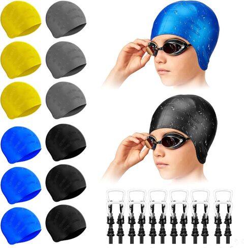 12 Pcs Kids Swim Caps for Boys Girls with 3D Ear Protection, Silicone Swimming Cap Comfortable Fit for Long Hair and Short Hair, 4 Colors with Ear Plugs and Nose Clip in Saudi Arabia