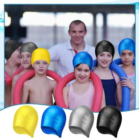 12 Pcs Kids Swim Caps for Boys Girls with 3D Ear Protection, Silicone Swimming Cap Comfortable Fit for Long Hair and Short Hair, 4 Colors with Ear Plugs and Nose Clip in Saudi Arabia