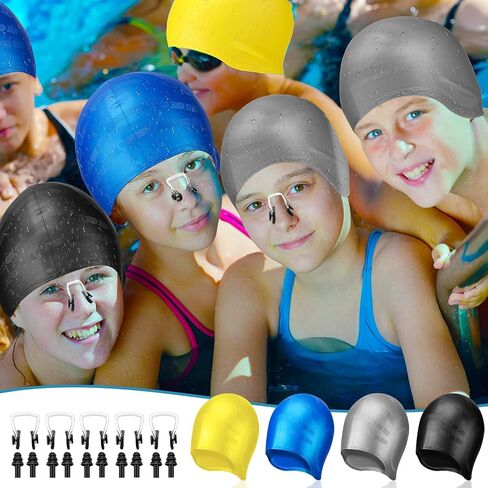 12 Pcs Kids Swim Caps for Boys Girls with 3D Ear Protection, Silicone Swimming Cap Comfortable Fit for Long Hair and Short Hair, 4 Colors with Ear Plugs and Nose Clip in Saudi Arabia