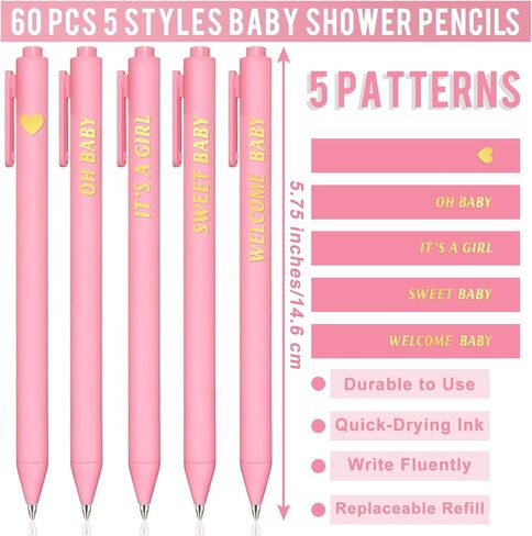 60 قطعة من قلم حبر جاف لحفل استقبال المولود الجديد - هدايا استحمام الطفل إنها فتاة، أقلام جل قابلة للسحب بالحبر الأسود - هدايا هدايا لحفلات استقبال المولود الجديد لجوائز الضيوف - ديكورات حفلات استقبال المولود الجديد (وردي، فتاة)... in Kuwait