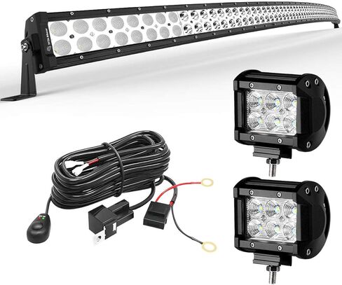 شريط إضاءة LED LEDKINGDOMUS 300 وات 52 بوصة شريط إضاءة منحني و2 قطعة 4 بوصات 18 وات أغطية ضوء الفيضانات وحزام الأسلاك متوافق مع سيارات الجيب والبيك اب والشاحنات والسيارات والمركبات ATV و4x4 و4WD وضوء القيادة على الطرق الوعرة in Kuwait