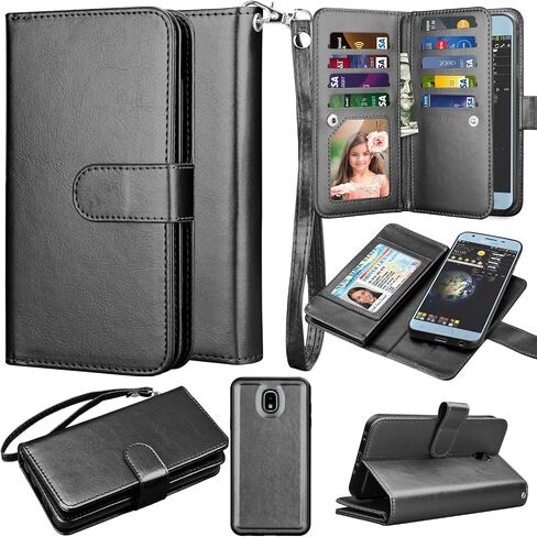 حافظة محفظة Takfox Galaxy J3 2018، Samsung J3 Achieve/J3 Orbit/J3 Aura//J3V/Express Prime 3/J3 Star/Sol 3 حافظة جلدية قابلة للطي 9 حامل بطاقات مع حزام غطاء هاتف مغناطيسي قابل للفصل - أسود in Saudi Arabia