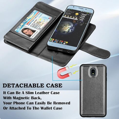 حافظة محفظة Takfox Galaxy J3 2018، Samsung J3 Achieve/J3 Orbit/J3 Aura//J3V/Express Prime 3/J3 Star/Sol 3 حافظة جلدية قابلة للطي 9 حامل بطاقات مع حزام غطاء هاتف مغناطيسي قابل للفصل - أسود in Saudi Arabia