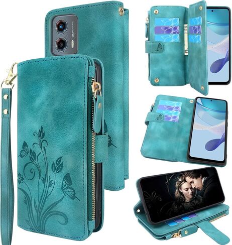 Lacass [Cards Theft Scan Protection] 10 Card Slots Holder Zipper Pocket Wallet Case Flip Leather Cover with Wrist Strap Stand for Motorola Moto G 5G 2023 Case (Floral Blue Green) in Saudi Arabia