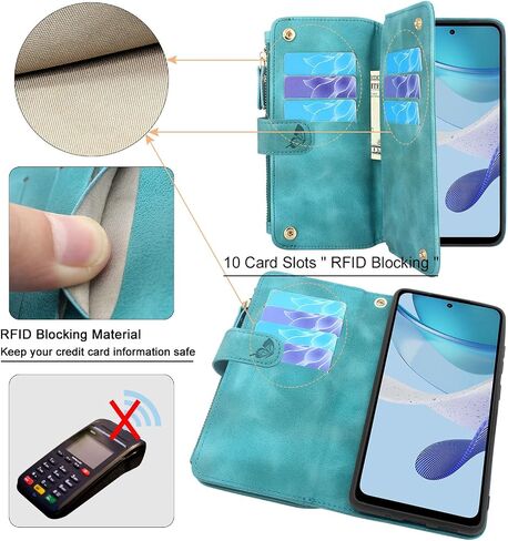 Lacass [Cards Theft Scan Protection] 10 Card Slots Holder Zipper Pocket Wallet Case Flip Leather Cover with Wrist Strap Stand for Motorola Moto G 5G 2023 Case (Floral Blue Green) in Saudi Arabia