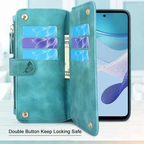 Lacass [Cards Theft Scan Protection] 10 Card Slots Holder Zipper Pocket Wallet Case Flip Leather Cover with Wrist Strap Stand for Motorola Moto G 5G 2023 Case (Floral Blue Green) in Saudi Arabia